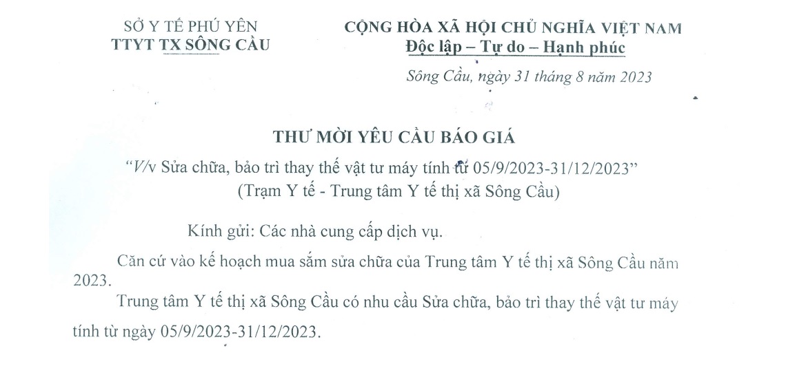Yêu cầu báo giá Sửa chữa, bảo trì thay thế vật tư máy tính ngày 05/09/2023-31/12/2023 (Trạm Y tế)